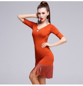 Orange grey black short sleeves hollow front fringes tassels competition performance latin samba salsa dance dresses outfits costumes